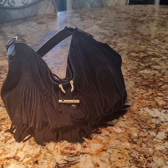 Calvin Klein black "leather" fringed shoulder bag preowned good cond inside out. - Picture 8 of 16